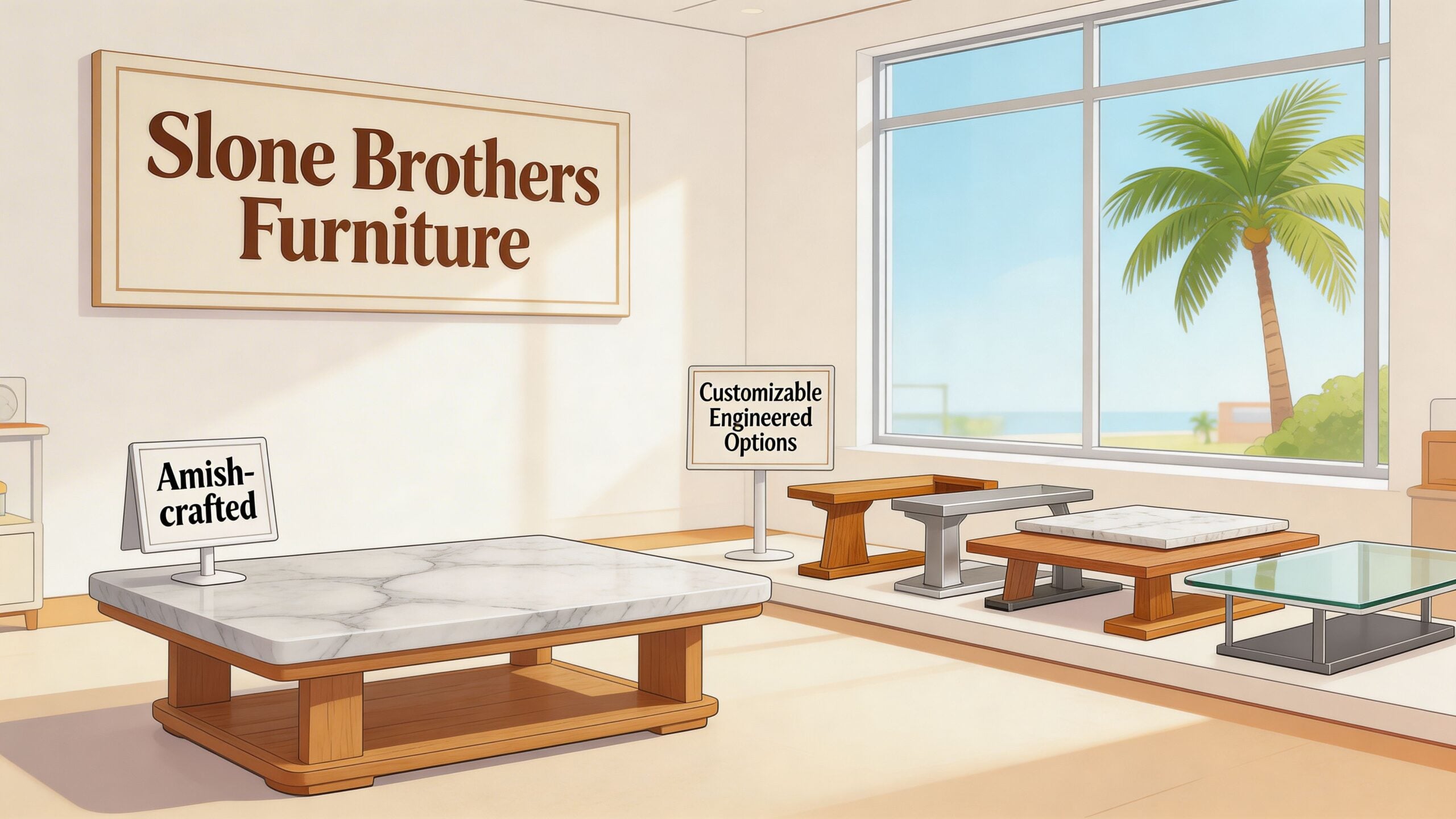 A modern furniture showroom displaying a large marble coffee table and several other customizable engineered table options.