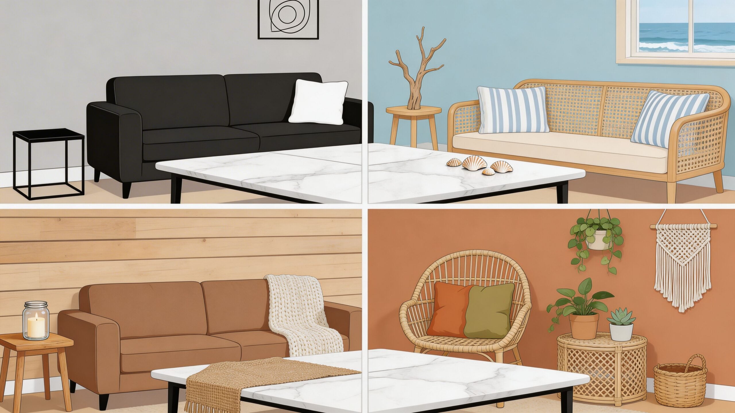 A collage showing four different interior living room designs featuring various sofas and marble coffee tables.