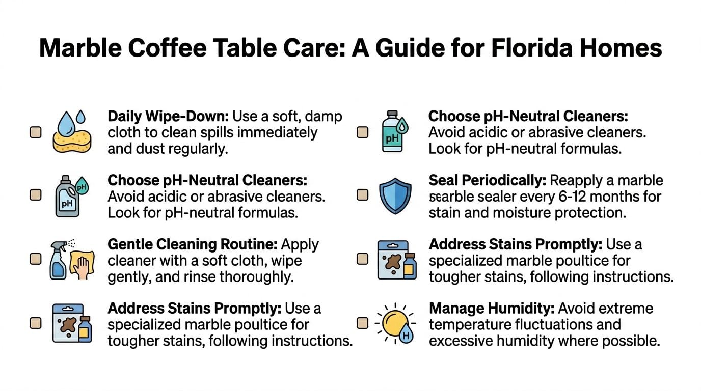 An infographic titled Marble Coffee Table Care offering tips for cleaning and maintaining marble furniture surfaces.
