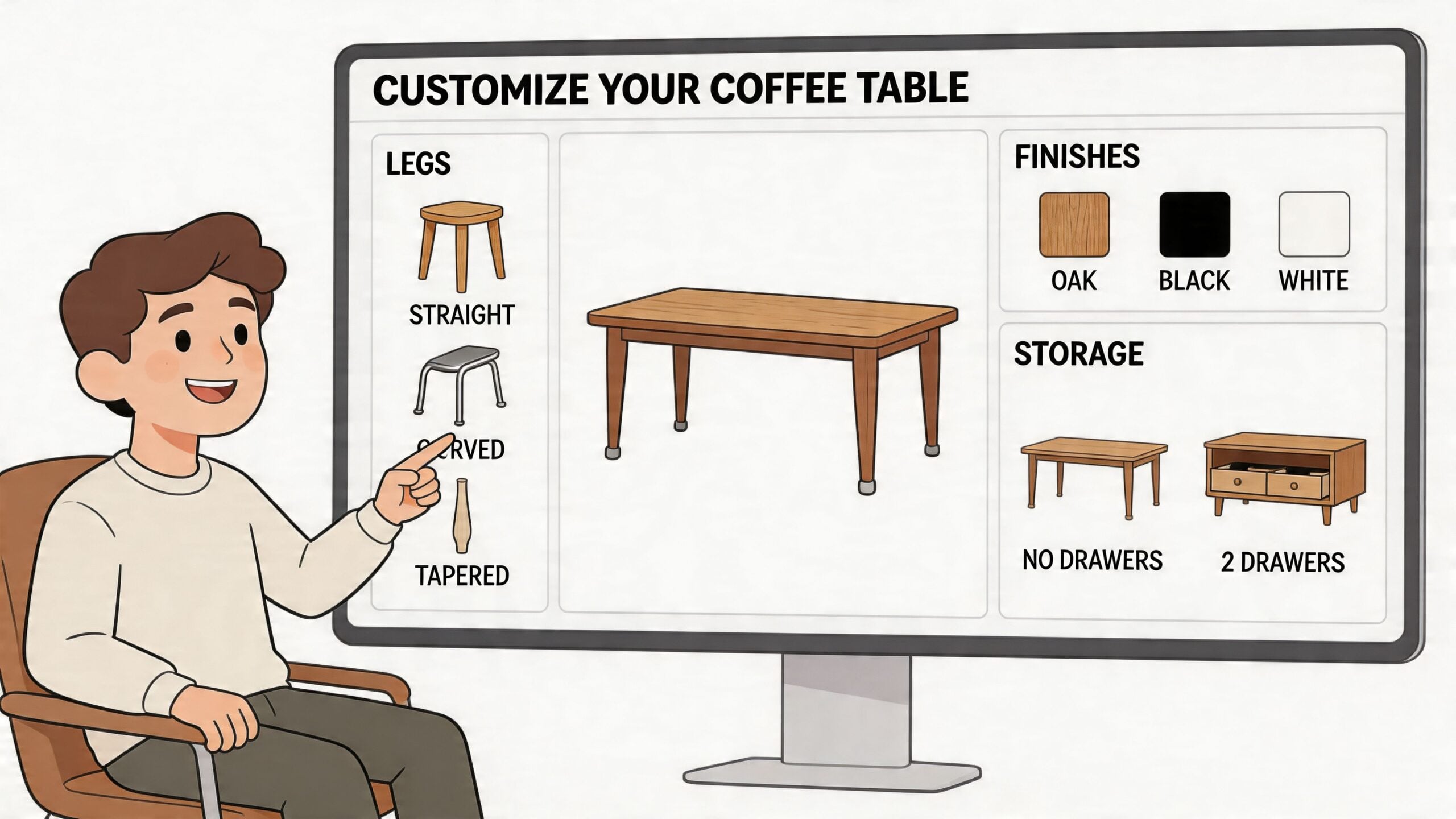 A man sits in front of a computer screen showing an interactive coffee table customization tool.