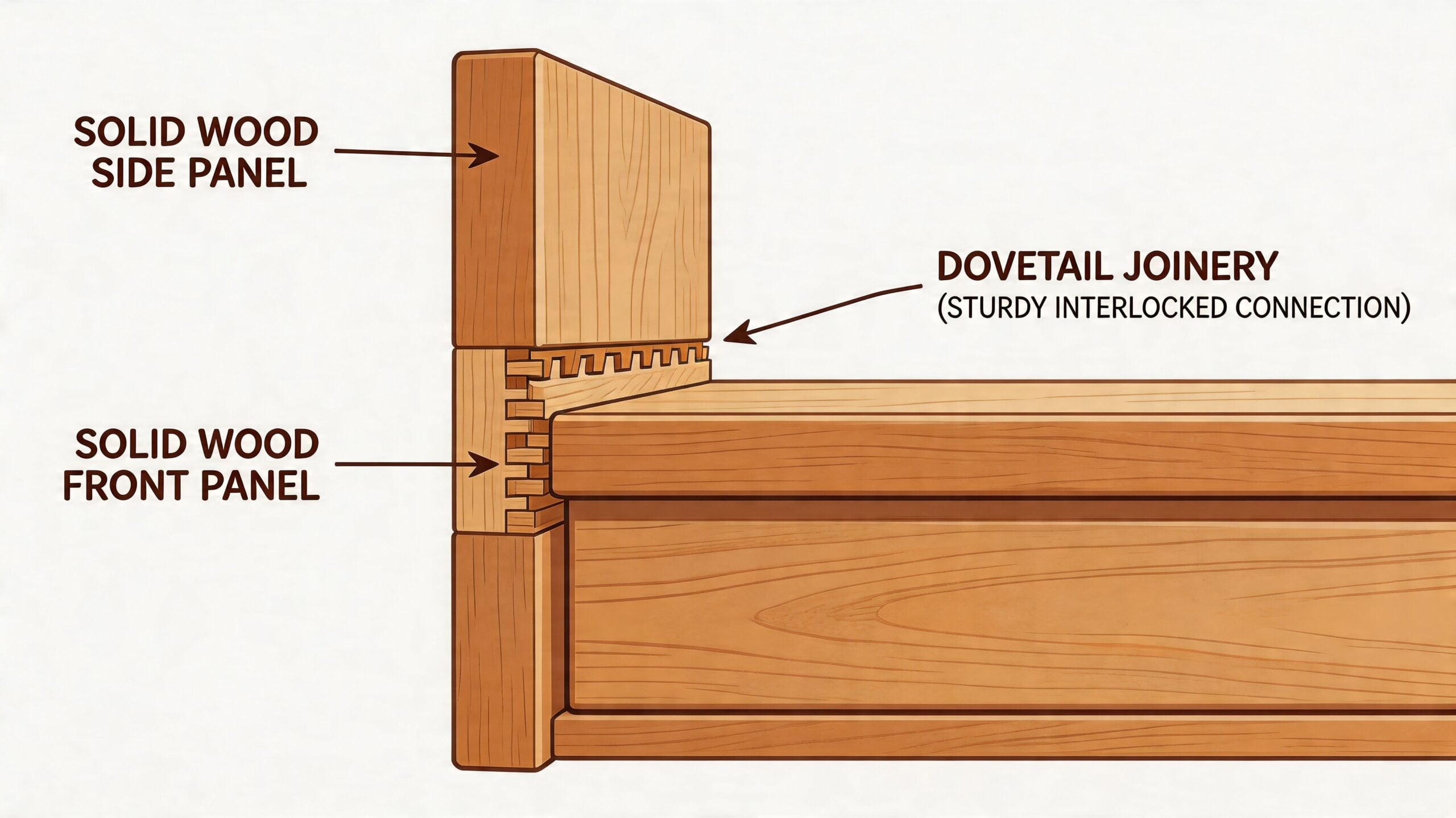 A detailed illustration showing a sturdy dovetail joinery technique connecting solid wood furniture panels.