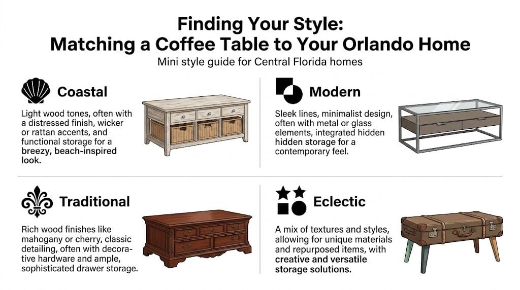 A style guide for choosing a coffee table with storage drawers for your home based on interior design.