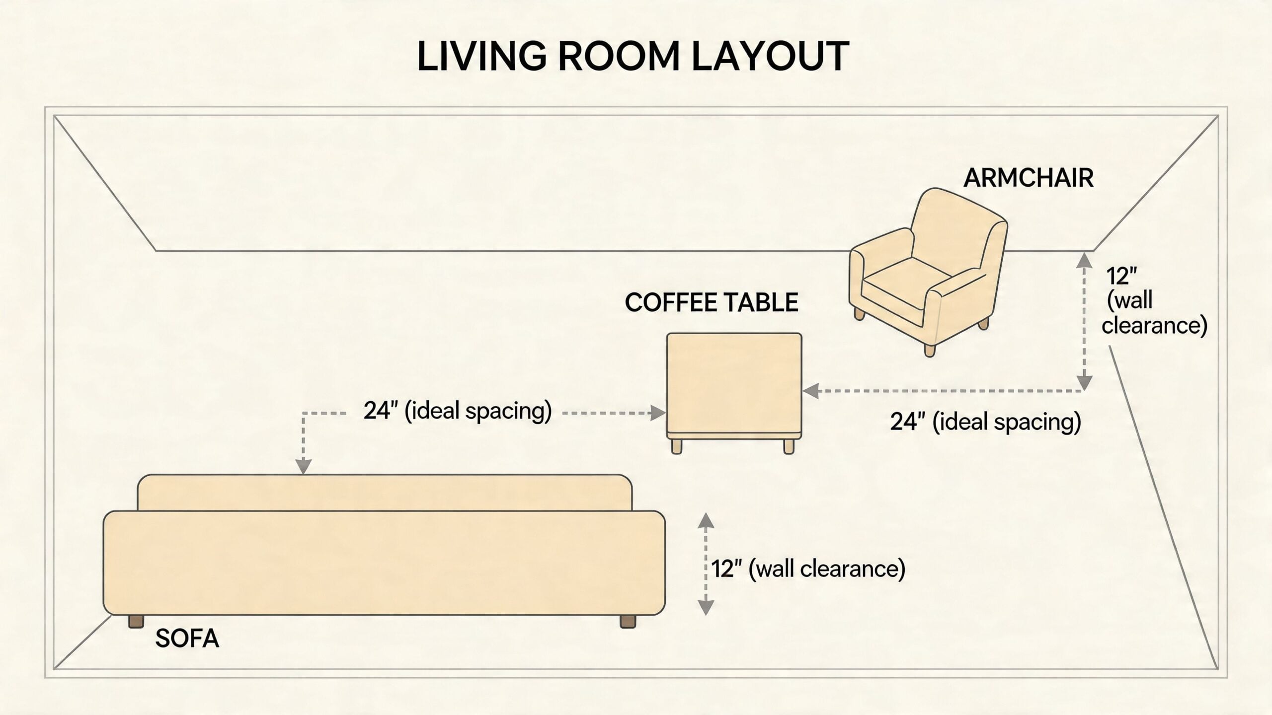 A diagram illustrating ideal furniture spacing for a living room with a sofa, armchair, and coffee table.