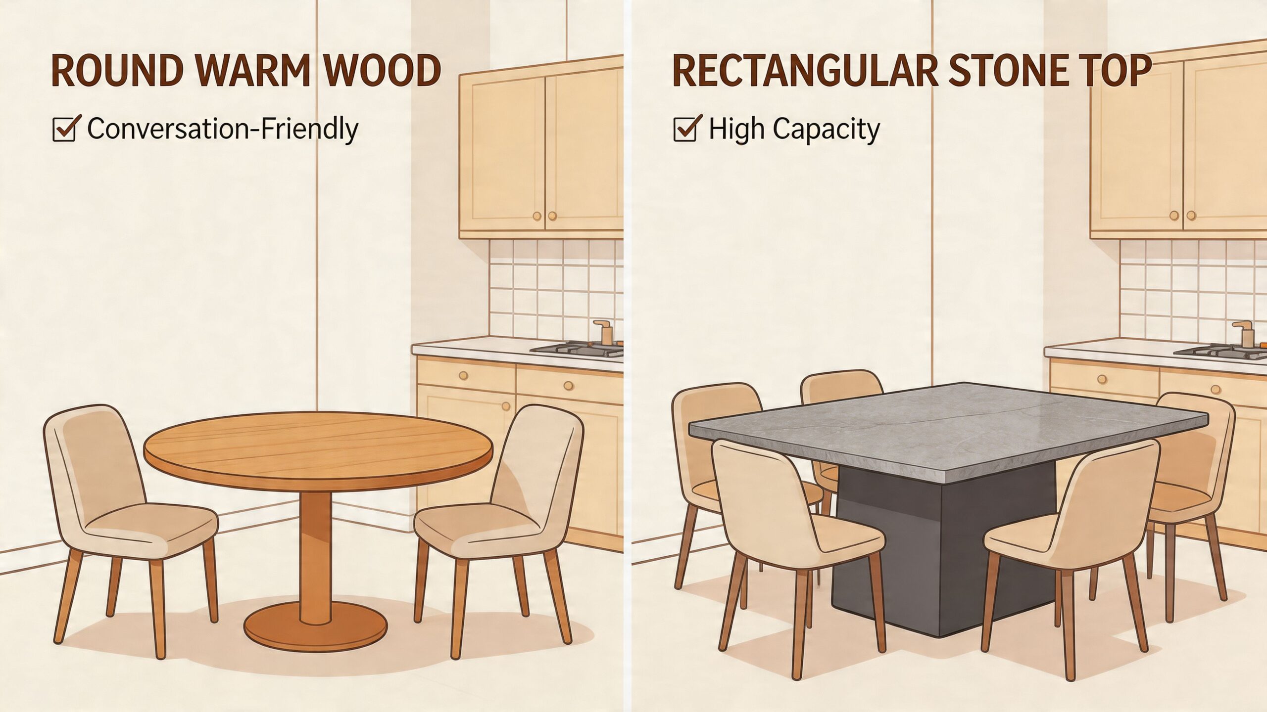 A side-by-side comparison illustrating a round wooden kitchen table versus a square stone-topped kitchen table.