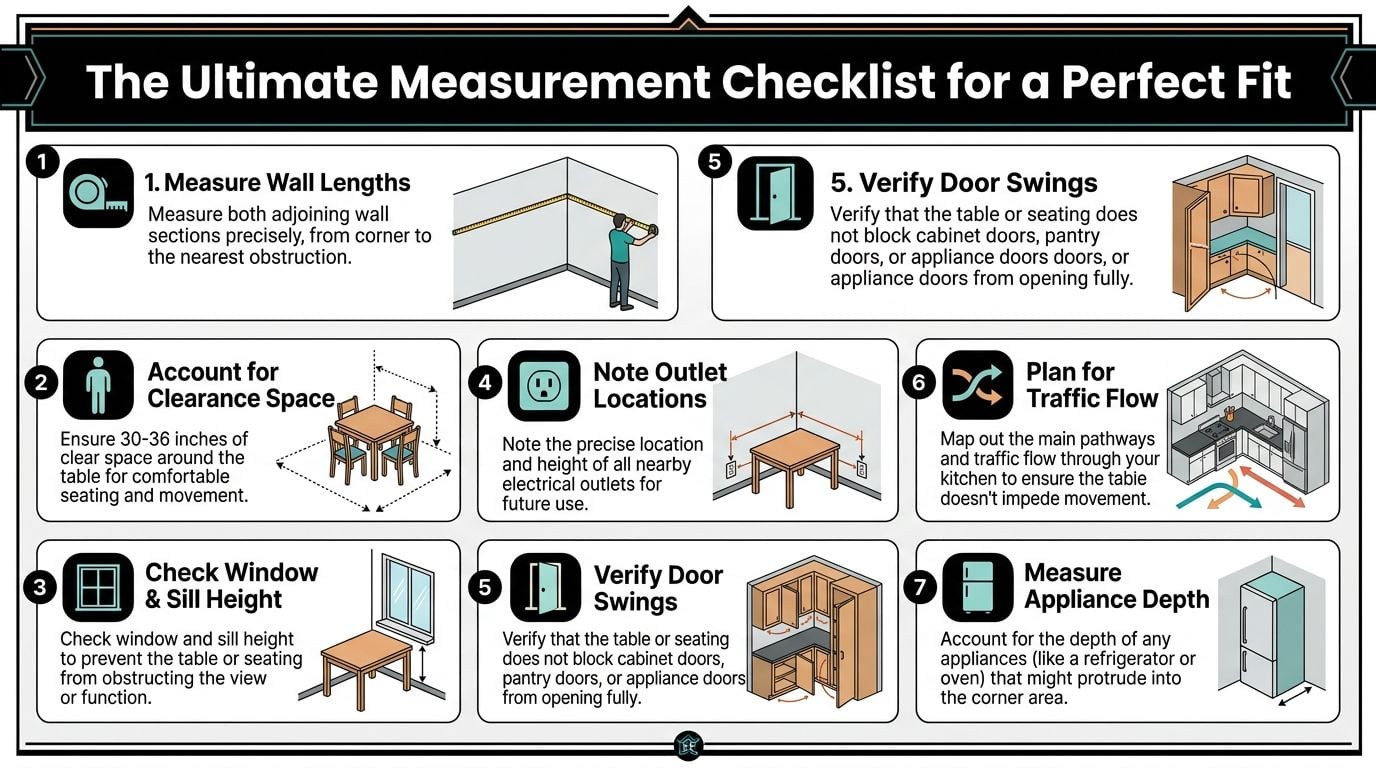 A seven-step checklist infographic illustrating how to measure for a corner kitchen table perfect fit.