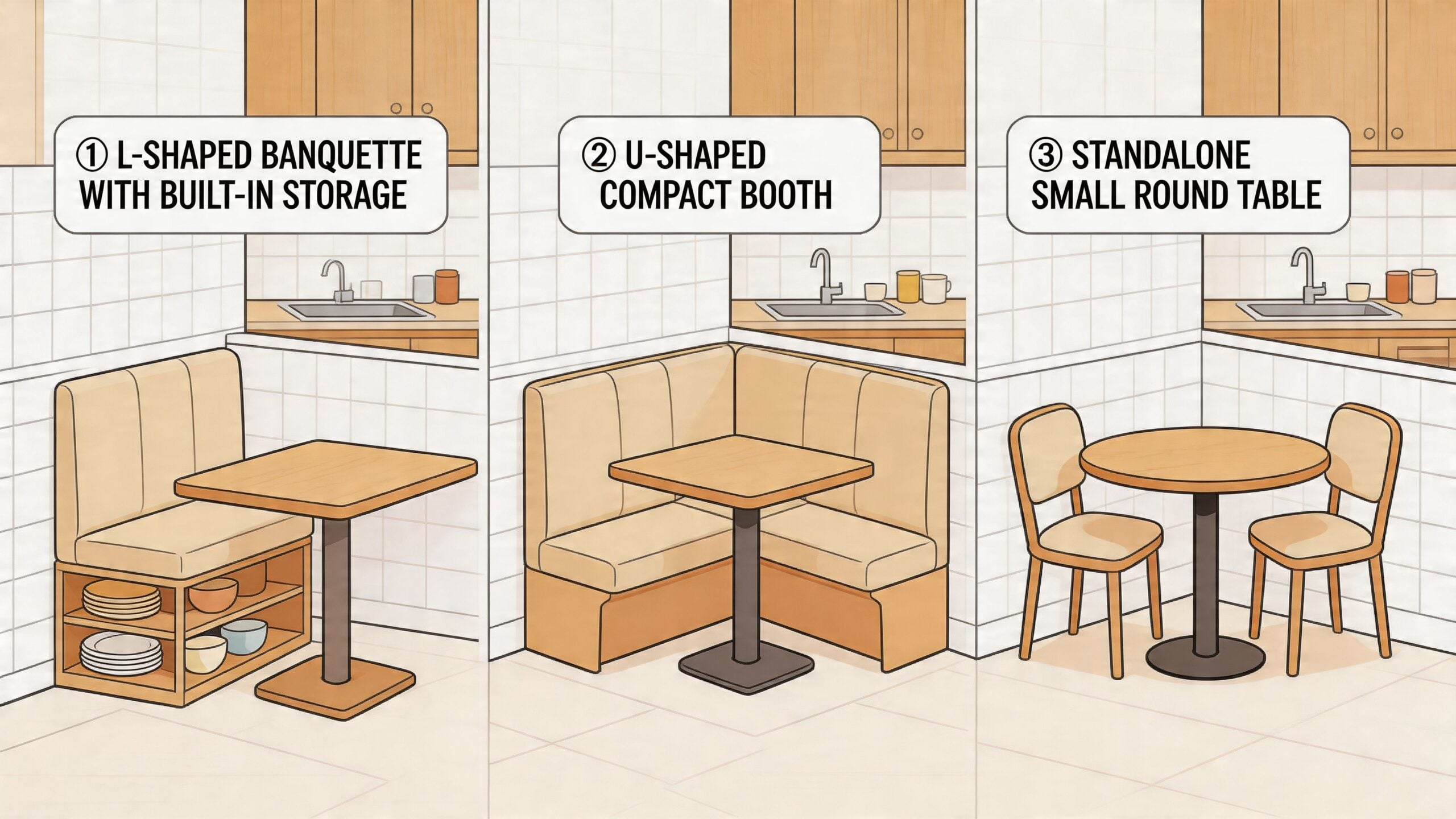 A diagram comparing three different kitchen corner seating styles including a banquette, booth, and round table.