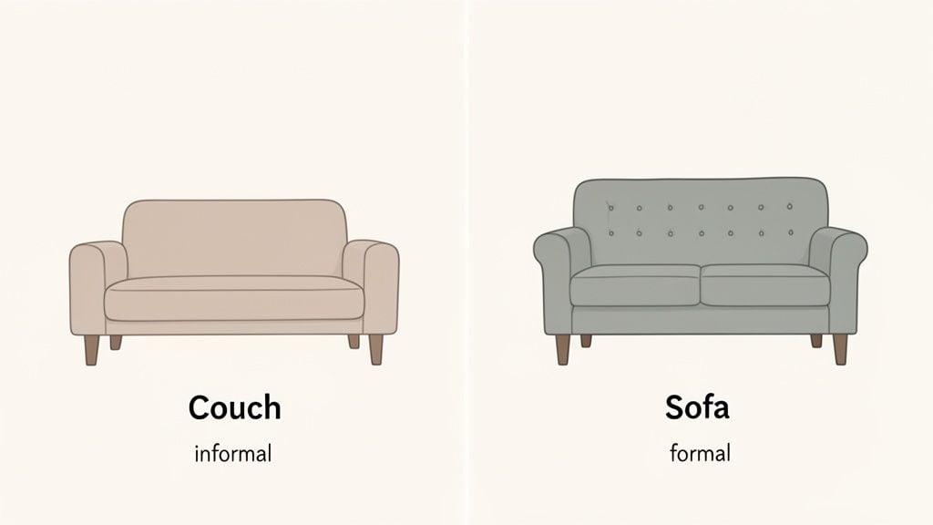 A side-by-side comparison illustrating a beige informal couch and a gray formal tufted sofa.