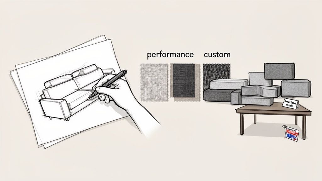 Hand sketching a sofa design, featuring 'performance' and 'custom' fabric options, and 'American made' modular cushions.