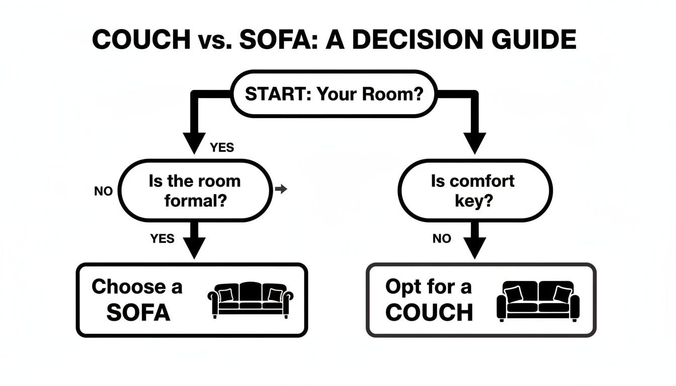 A decision guide flowchart titled 'COUCH vs. SOFA' helps choose between them based on room formality and comfort.