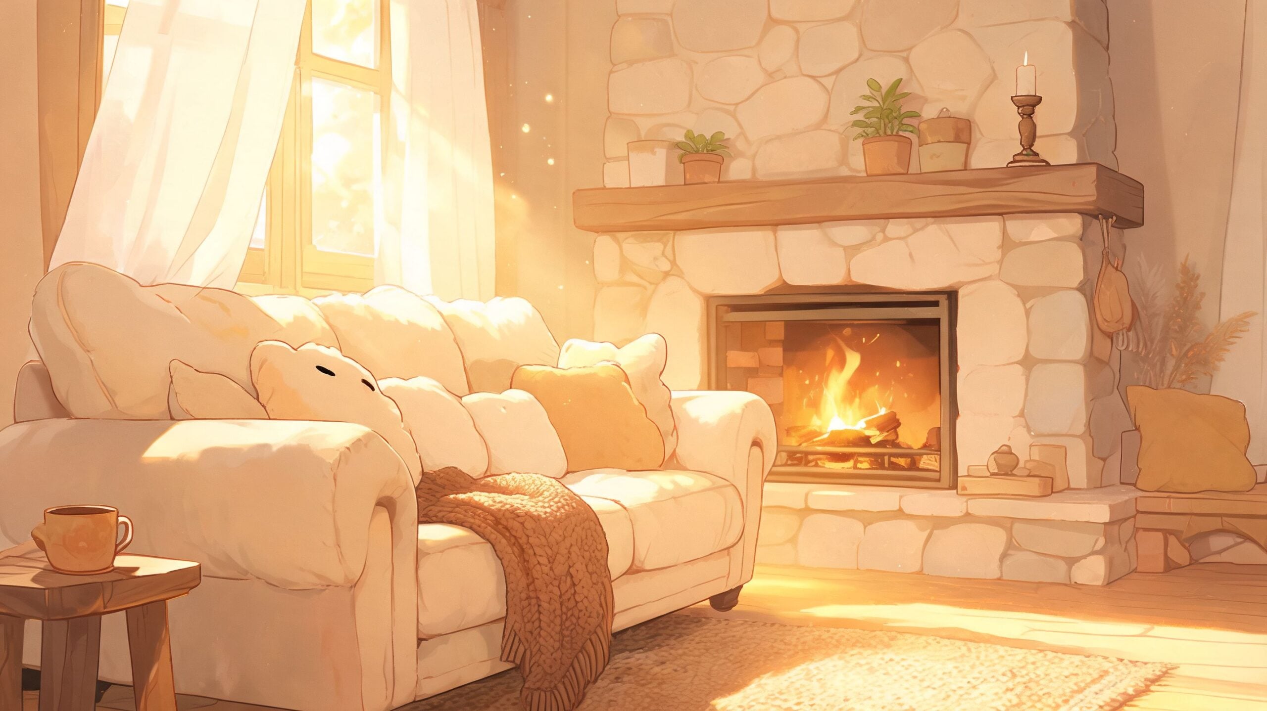 A cozy living room with a comfortable cream sofa by a warm fireplace during golden hour.