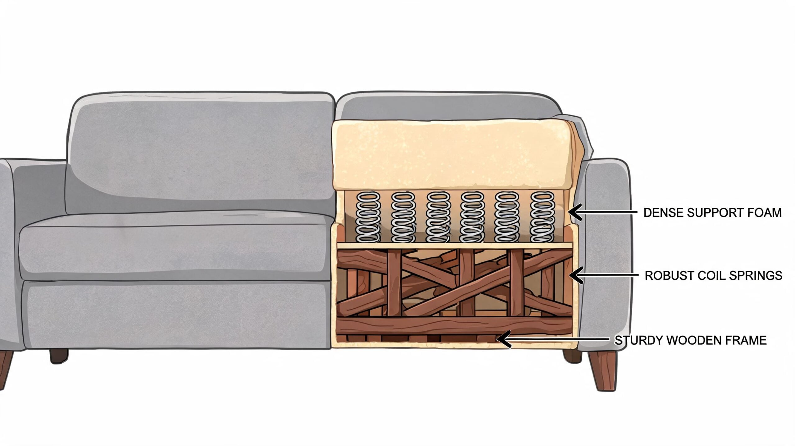 A cutaway view of a grey sofa revealing internal construction including foam, coil springs, and wooden frame.