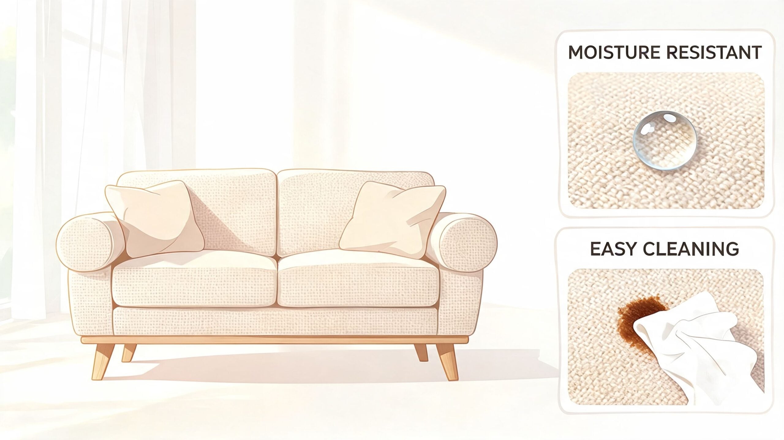 A light-colored country style sofa displayed with side panels showing moisture resistance and easy cleaning features.