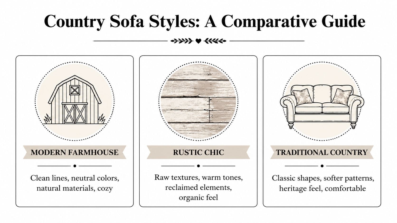 A comparison guide for country sofa styles, including modern farmhouse, rustic chic, and traditional country designs.