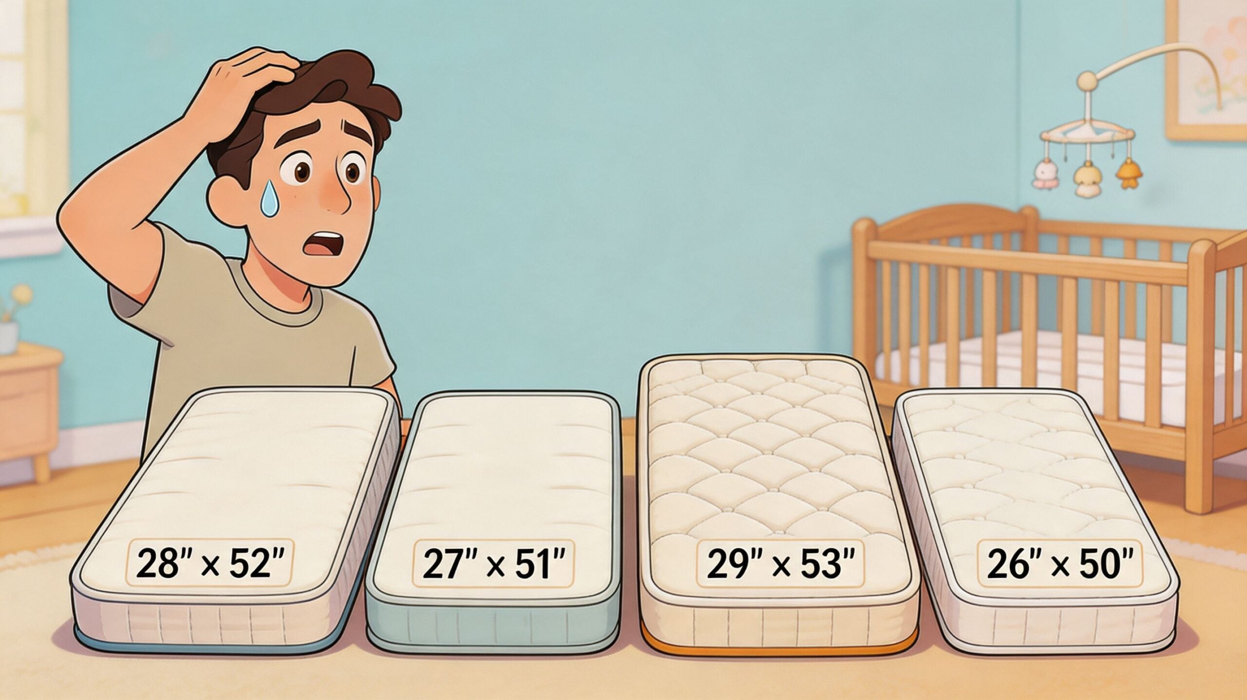 A confused parent looking at various crib mattress size options with different dimensions displayed on them.