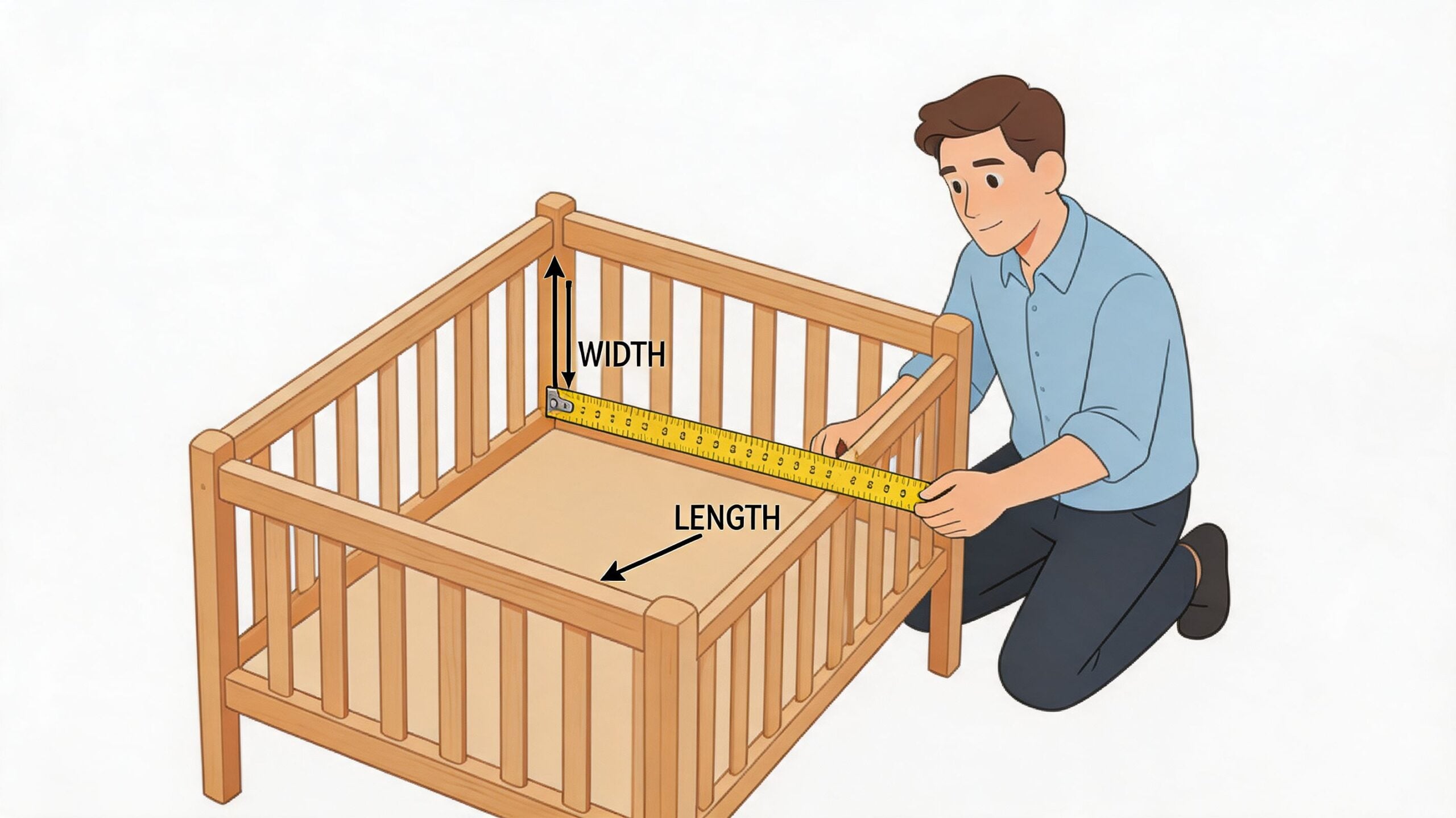 A person kneeling down and using a yellow measuring tape to measure the dimensions of a wooden crib.