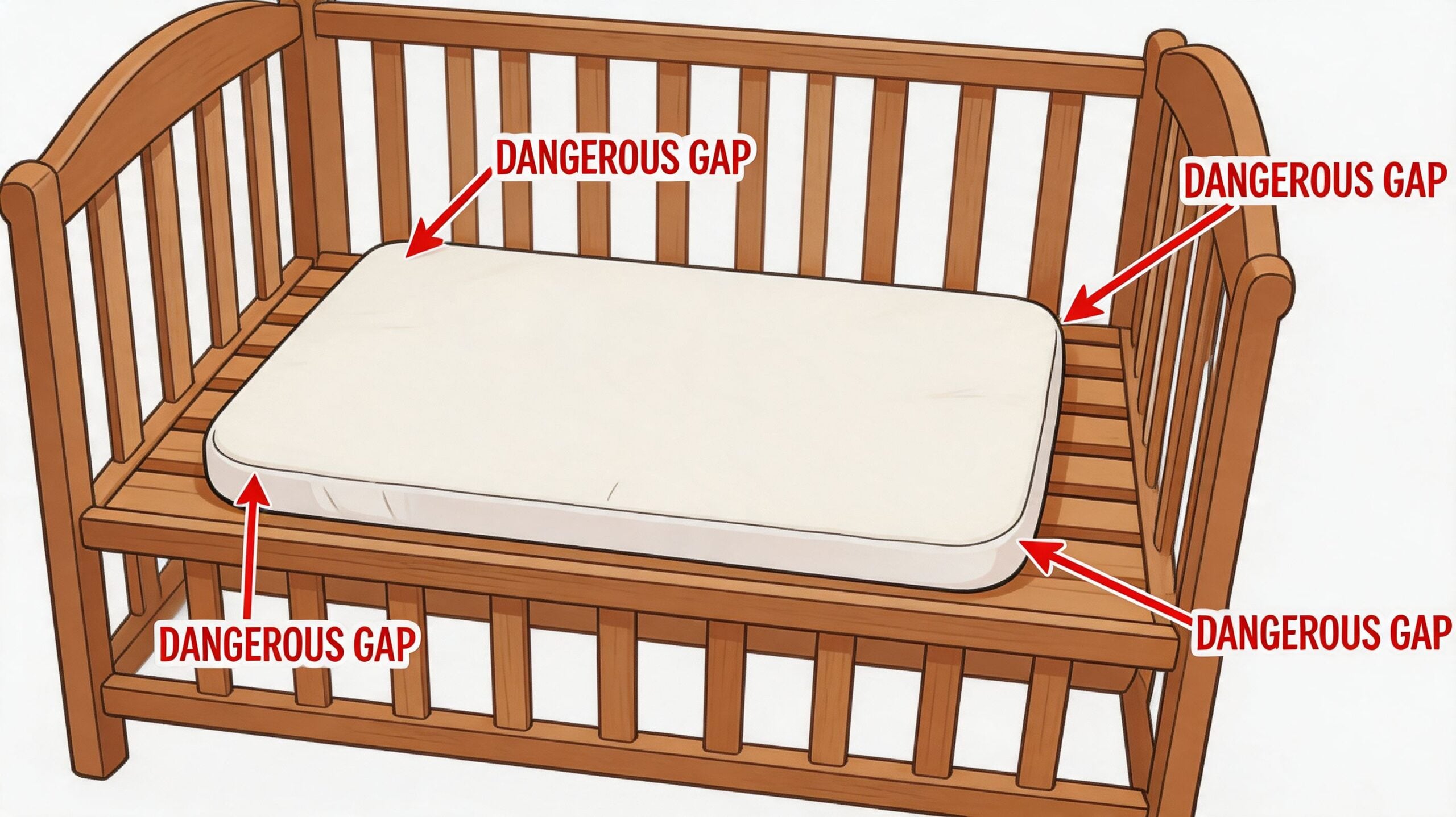 A diagram illustrating dangerous gaps between a crib mattress and the side rails of the crib.