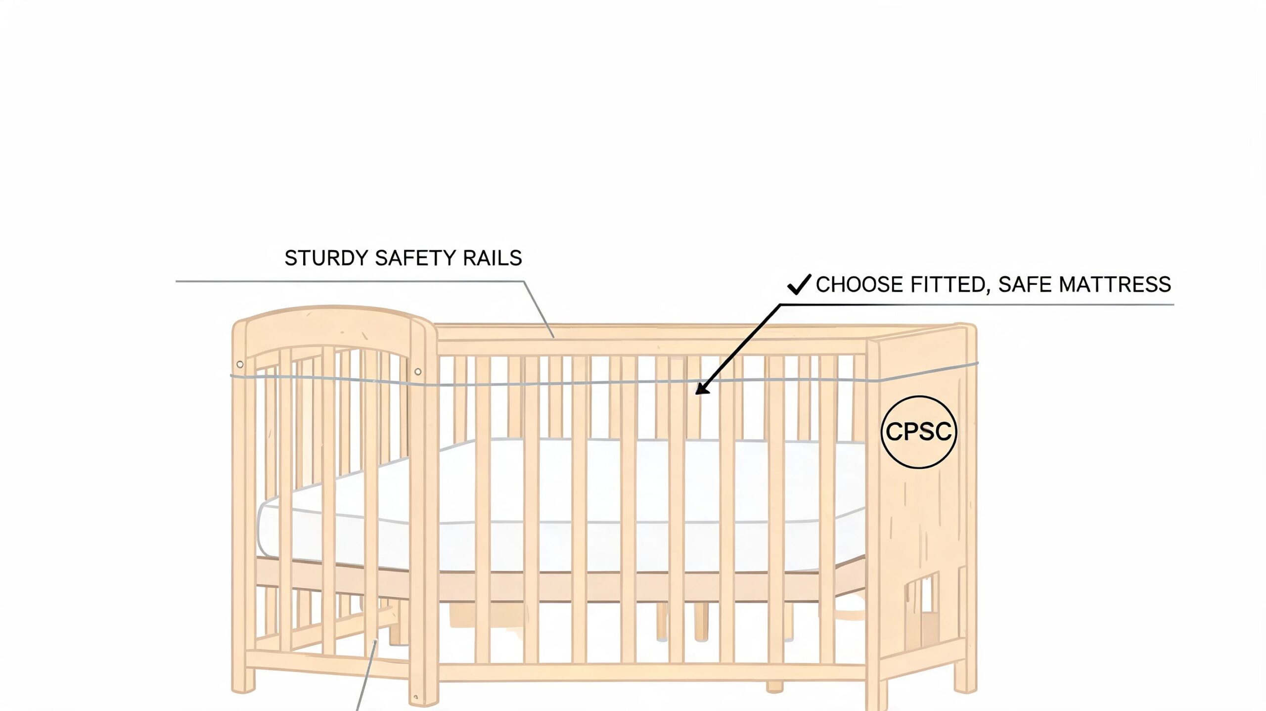 A diagram of a wooden crib highlighting sturdy safety rails and the importance of a safe mattress.