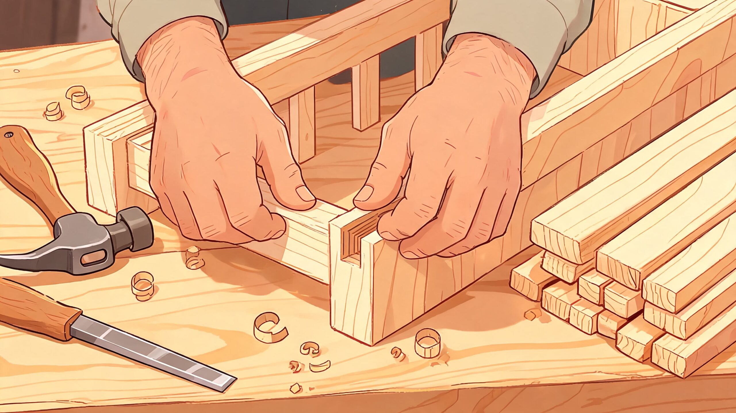 A woodworker assembling wooden pieces of a crib that converts to twin bed in a workshop.