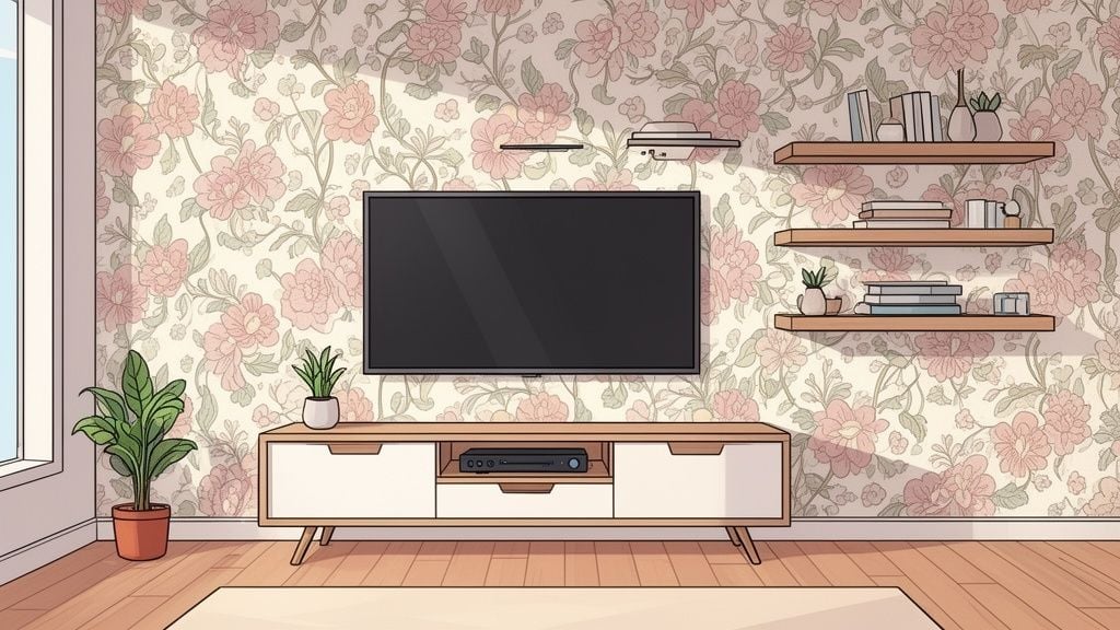 A minimalist TV wall featuring floral wallpaper, a wall-mounted television, a wooden media console, and floating shelves.