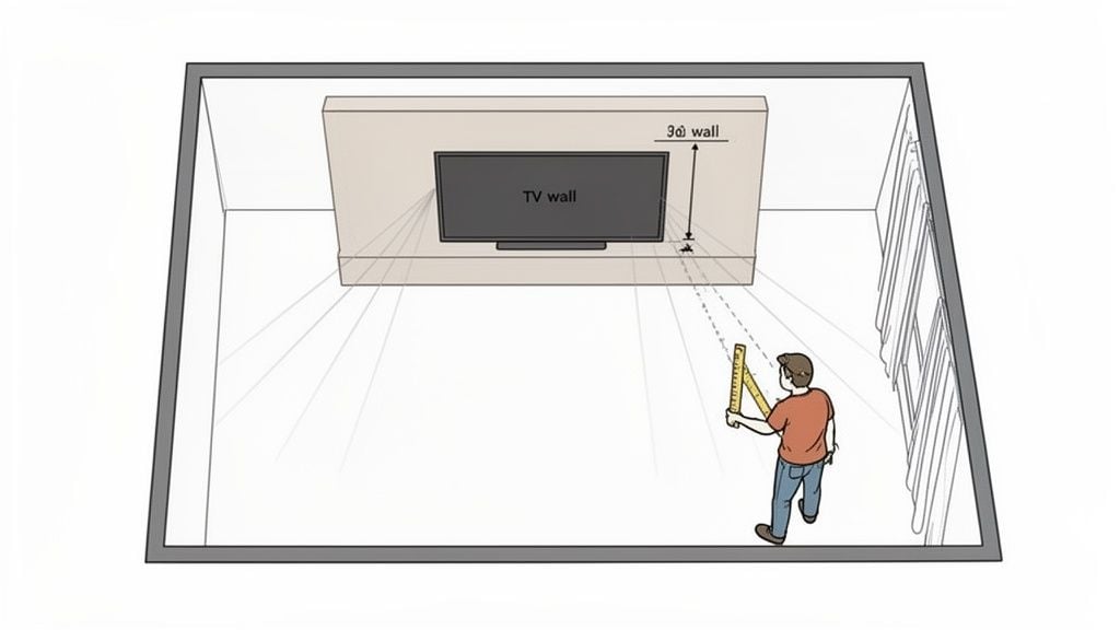 A person measuring the TV wall in a living room using a yellow folding ruler for decoration.
