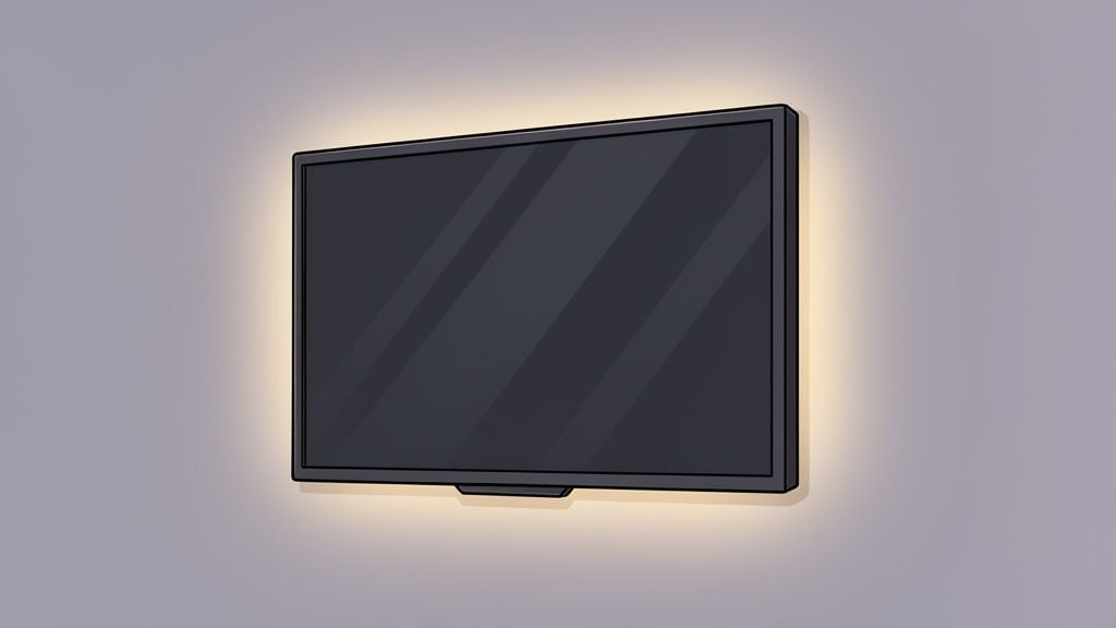 A sleek, black wall-mounted television screen surrounded by a warm, soft glowing backlight against a gray wall.
