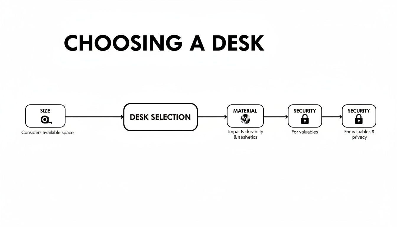 A flowchart titled 'Choosing a Desk', outlining steps like size, material, and security.