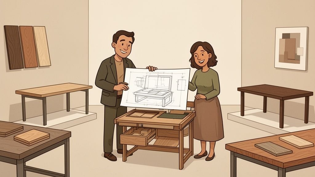 Two smiling designers proudly display blueprints for a desk with hidden compartments in a furniture showroom.