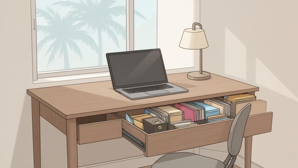 A well-organized home office desk with an open laptop, a lamp, and revealed storage drawers.