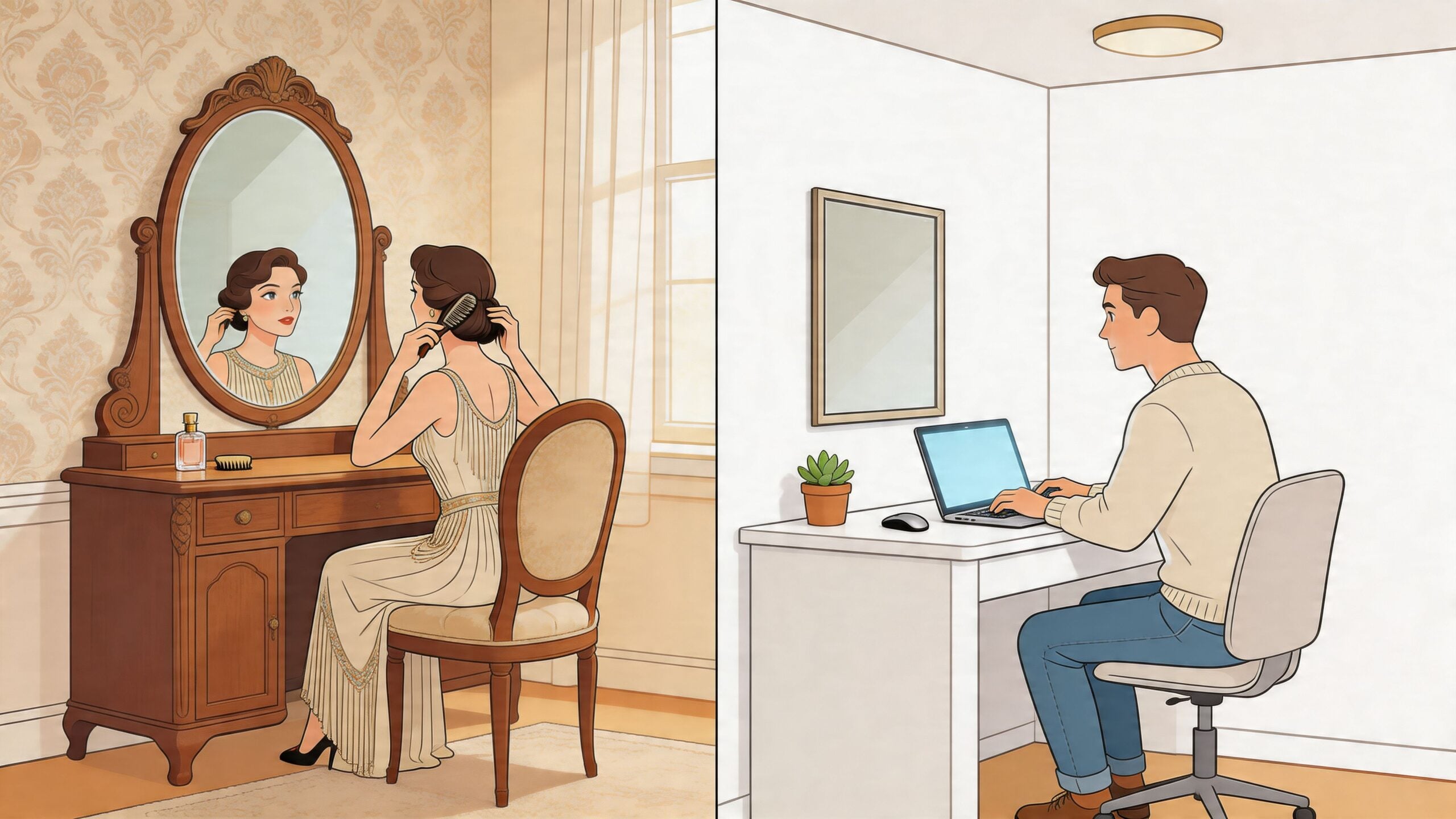 A split image showing a woman at a vintage vanity mirror and a man working on a laptop.