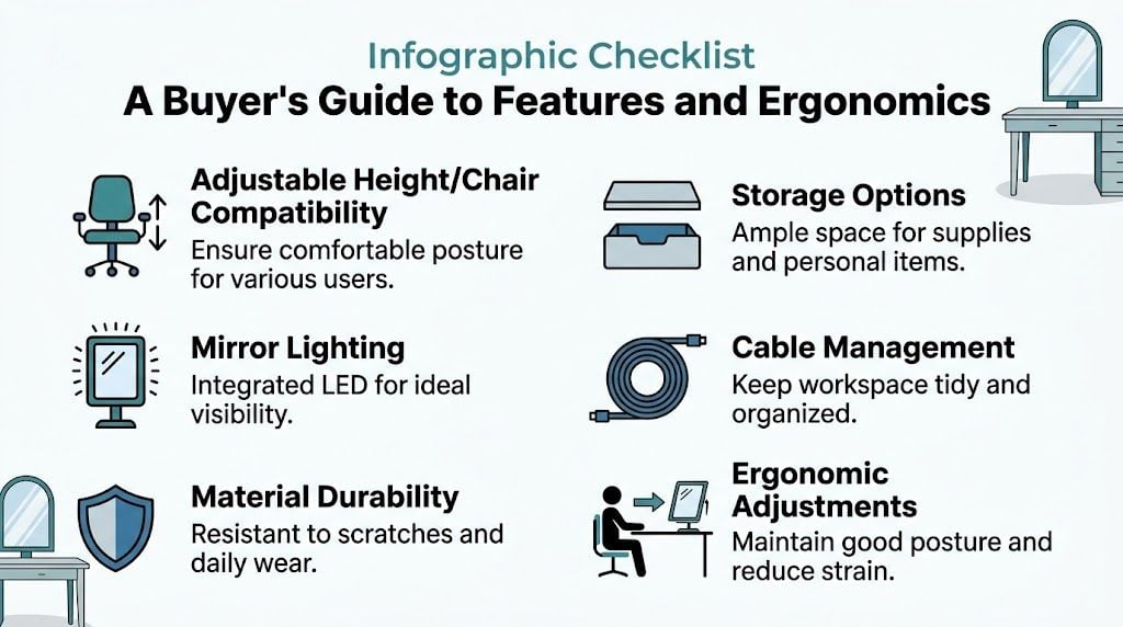An infographic checklist guiding buyers on essential features and ergonomics for selecting a desk with mirror.