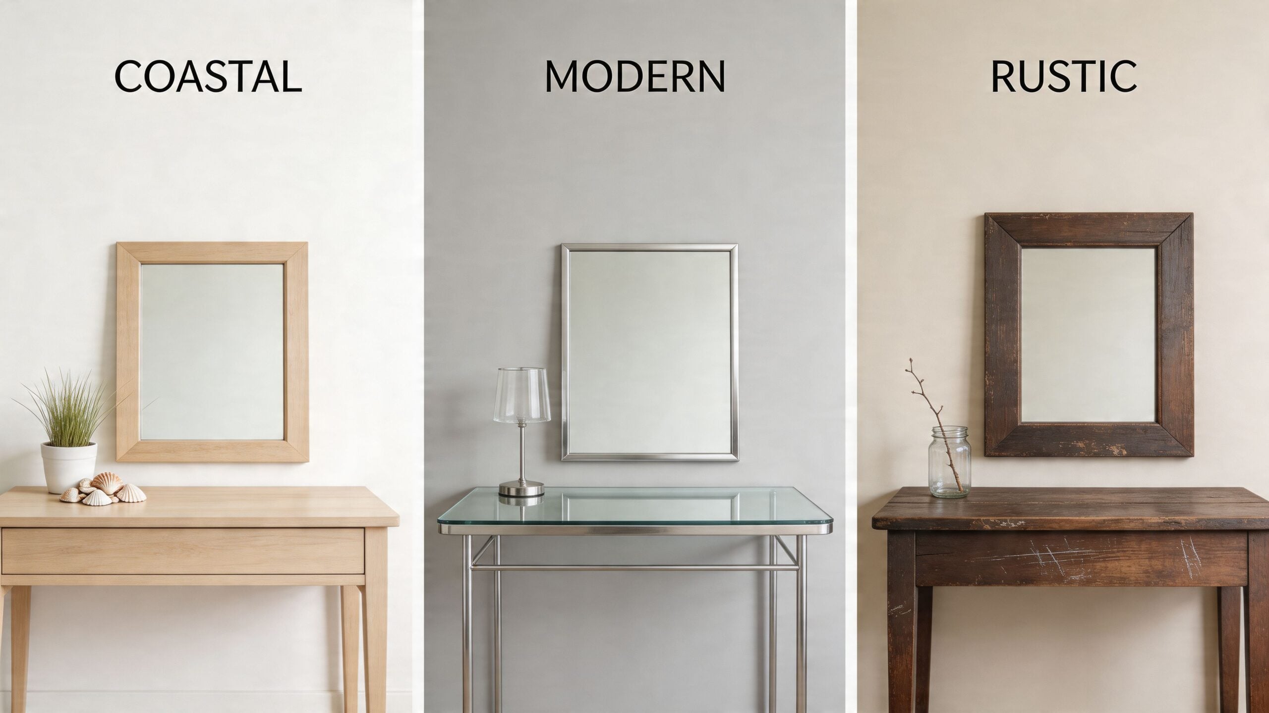 Three different desk and mirror sets styled in coastal, modern, and rustic interior design themes.