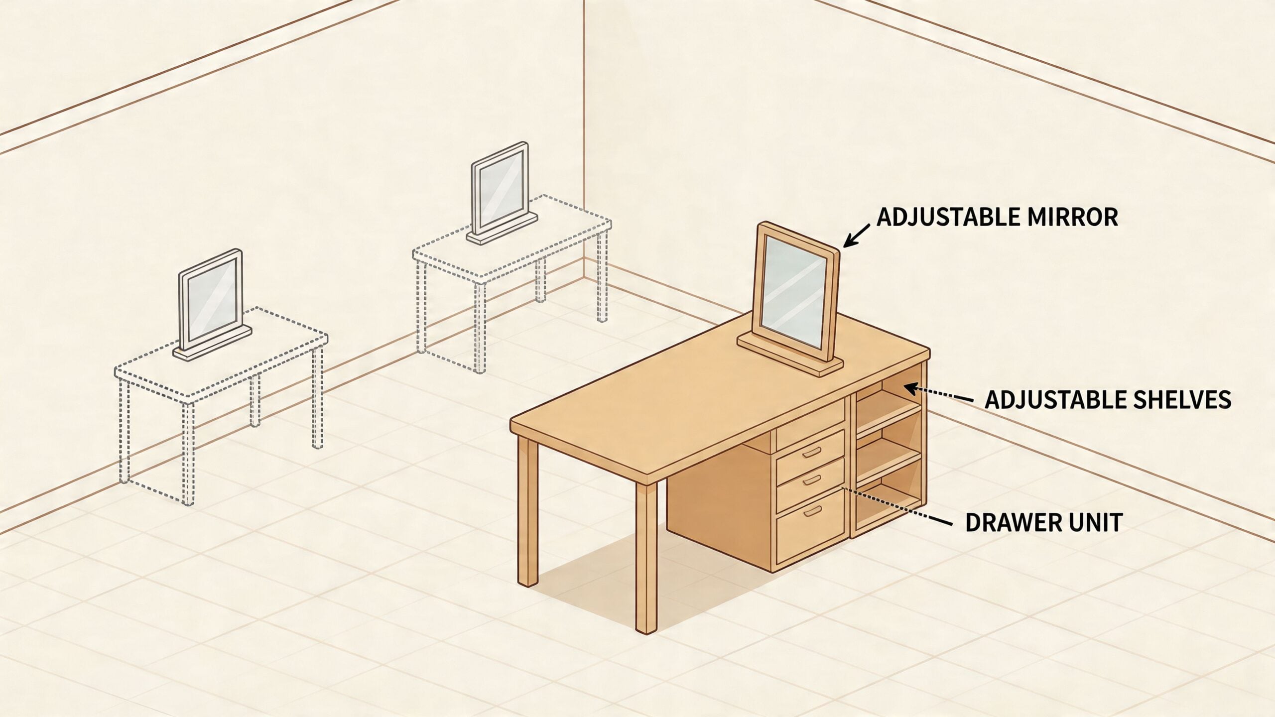 An isometric drawing of a wooden desk featuring an adjustable mirror, built-in storage drawers, and open shelving.