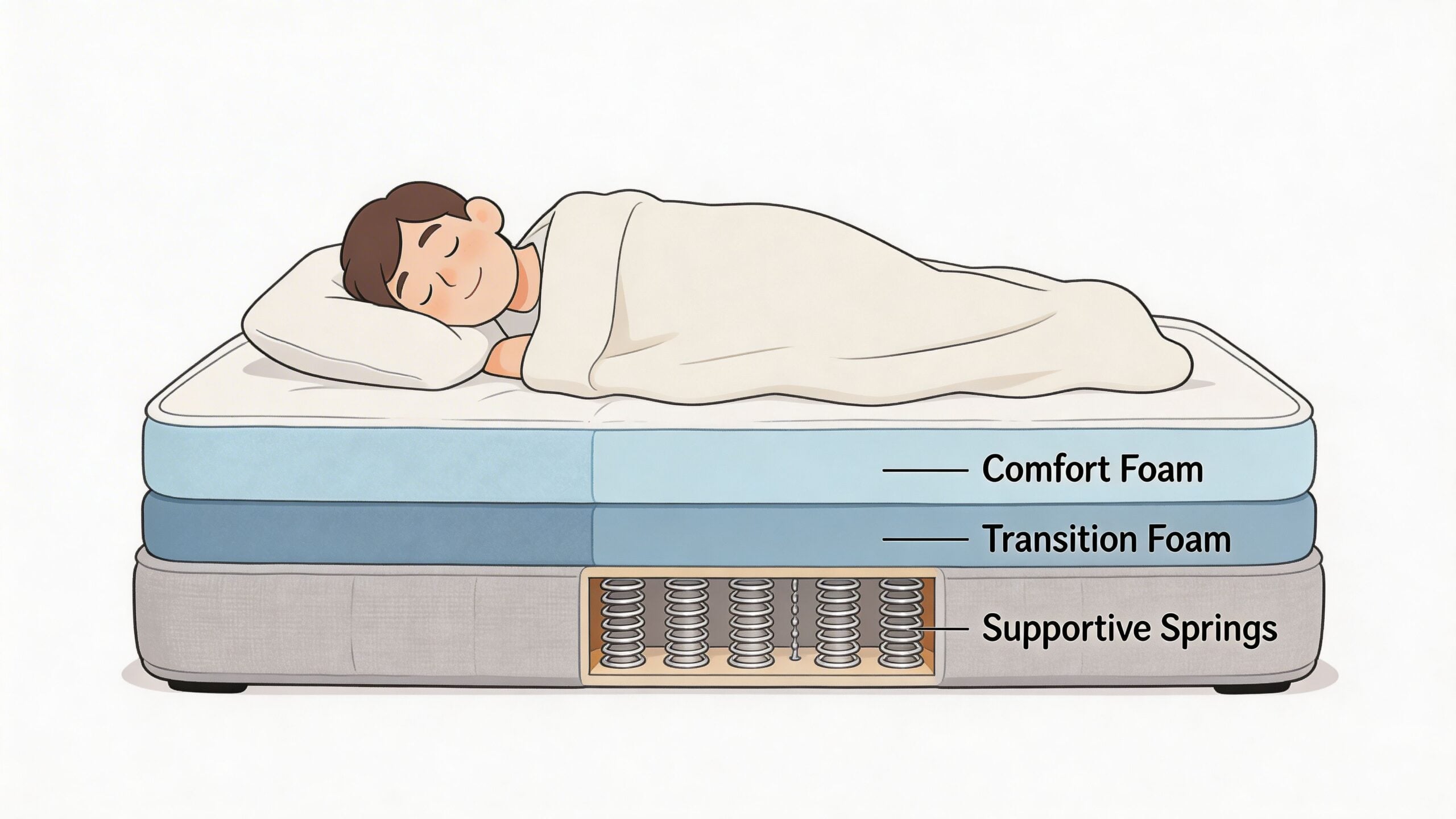 A cross-section diagram of a hybrid mattress showing comfort foam, transition foam, and supportive springs beneath a sleeper.