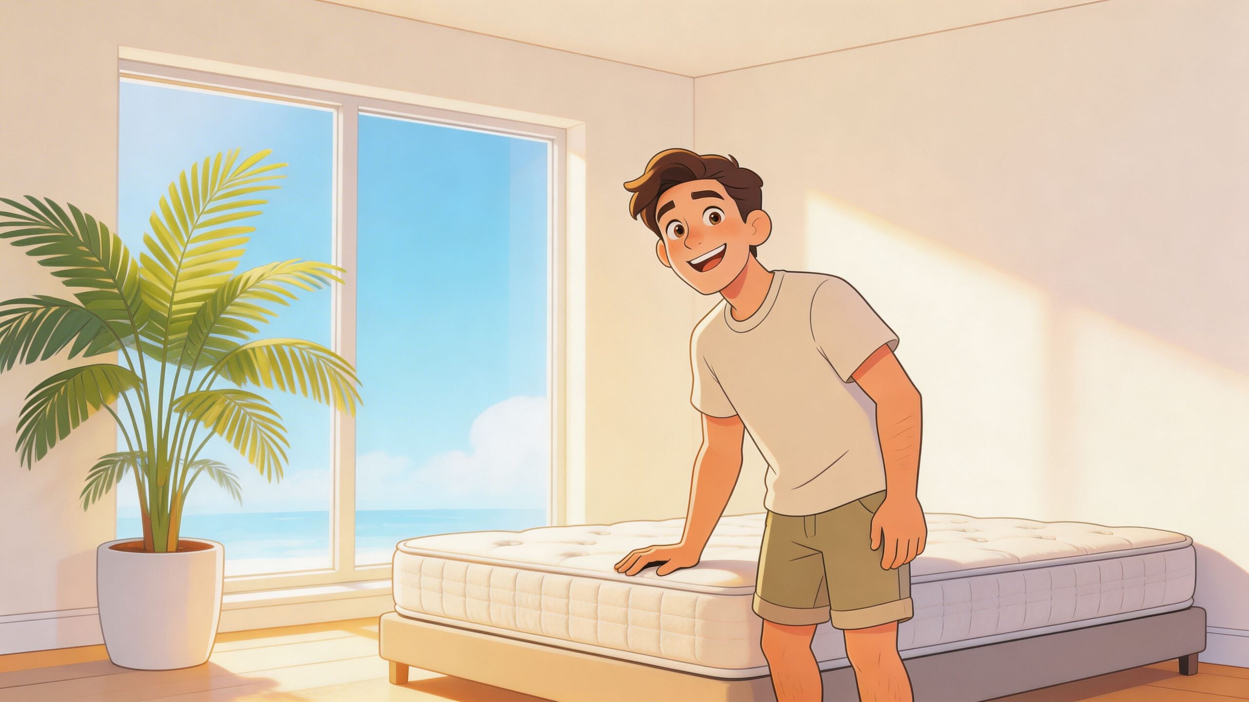 A happy young man testing the firmness of a mattress in a bright bedroom overlooking the ocean.