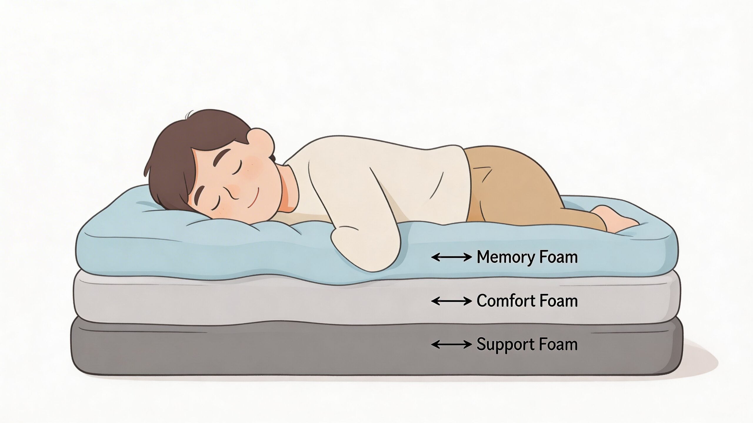 A cross-section illustration of a three-layer mattress showing memory foam, comfort foam, and support foam layers.
