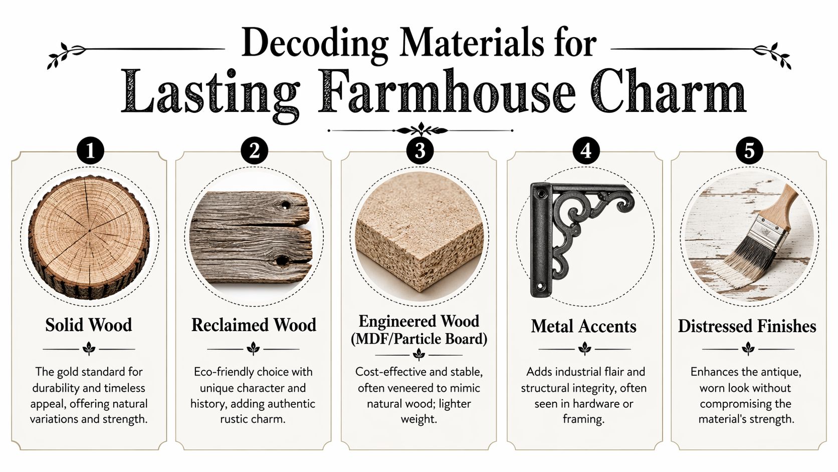 A chart illustrating five common materials for farmhouse interior design including wood types and metal accents.