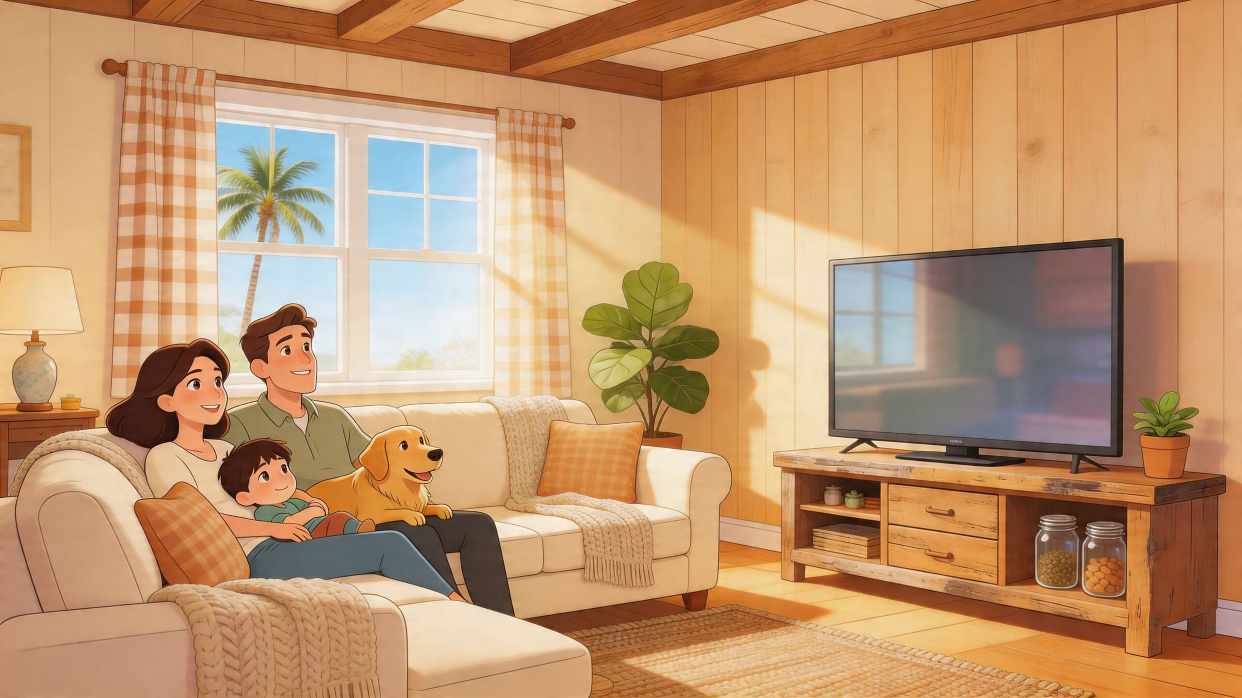 A happy family sitting on a couch with their dog in a cozy farmhouse living room