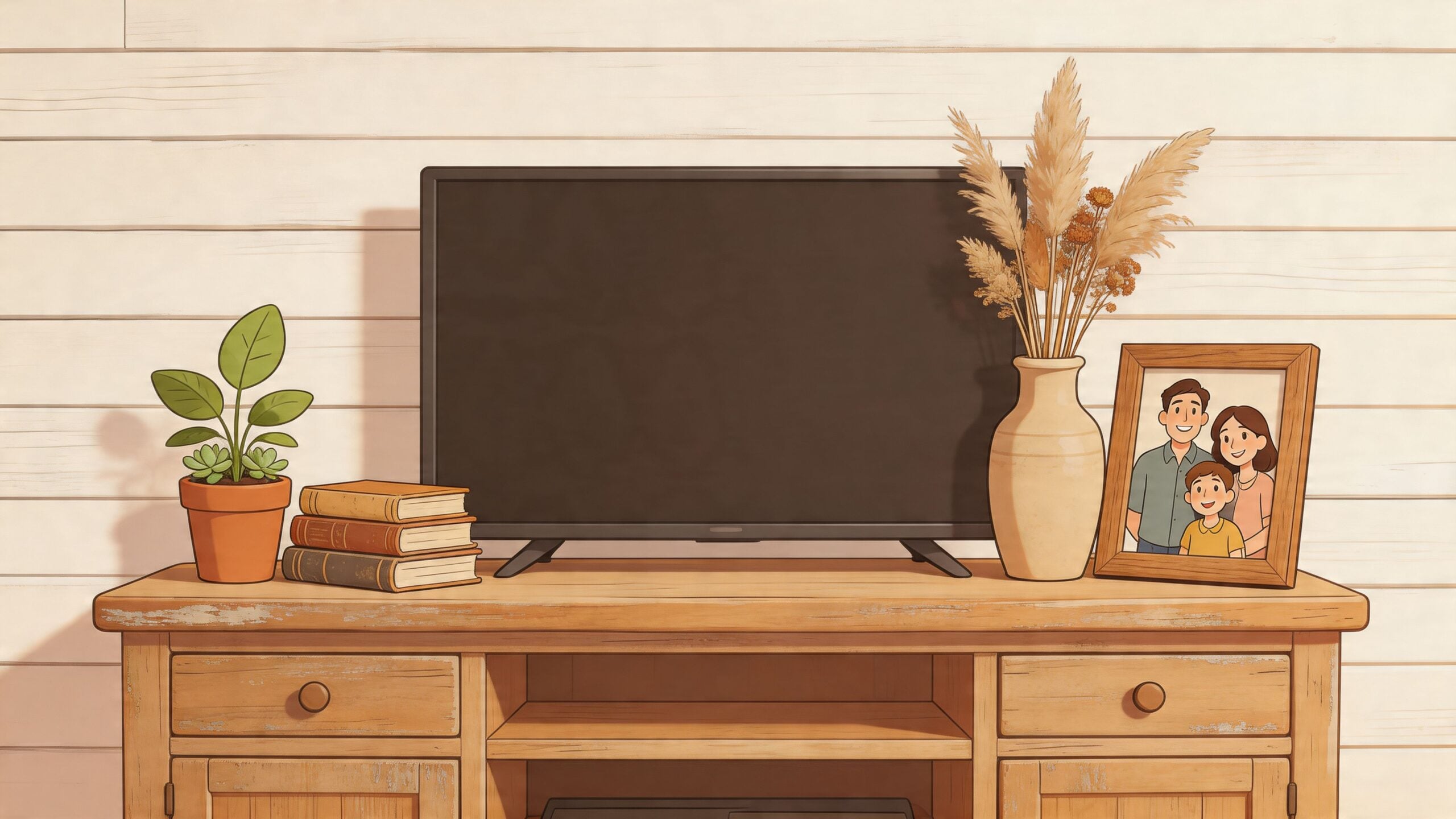 A cozy farmhouse style TV stand decorated with a potted plant, books, a vase, and a family photo.