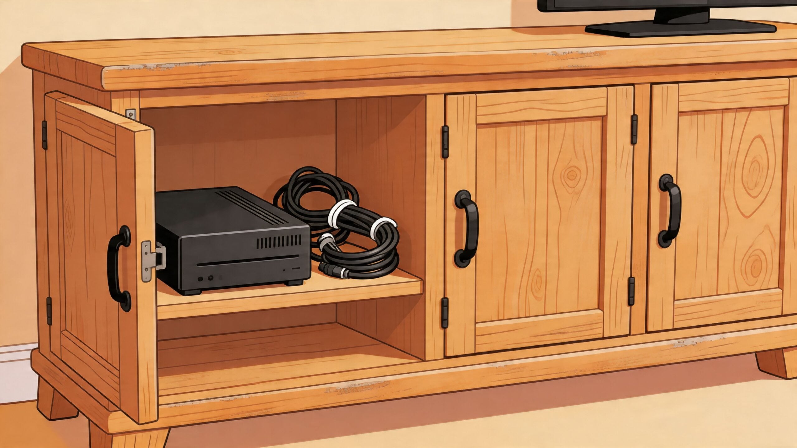 A black electronic device and coiled black cables sit inside a light wood farmhouse style tv stand.
