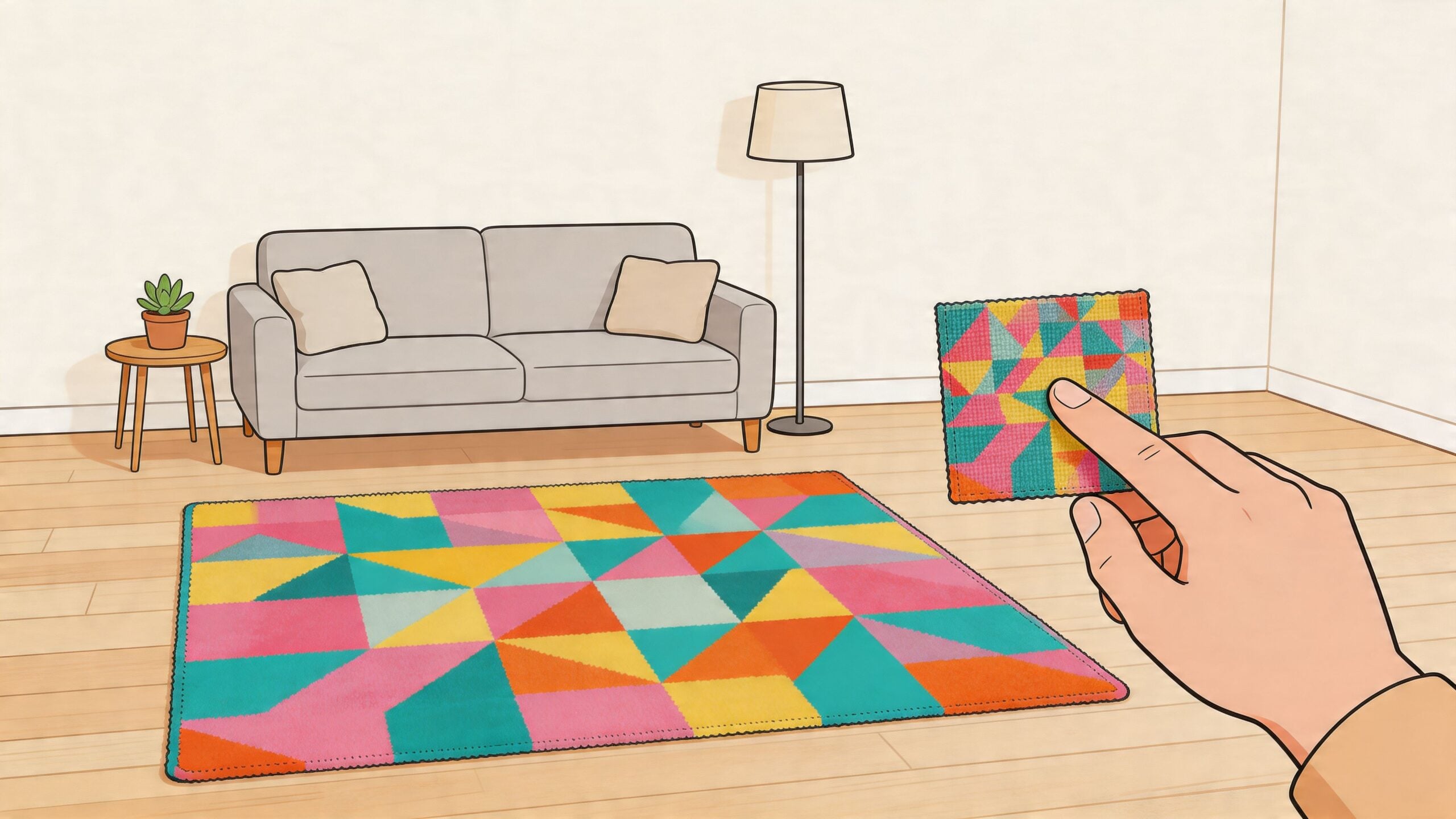A hand holding a patterned swatch over a living room floor to match with a colorful rug.