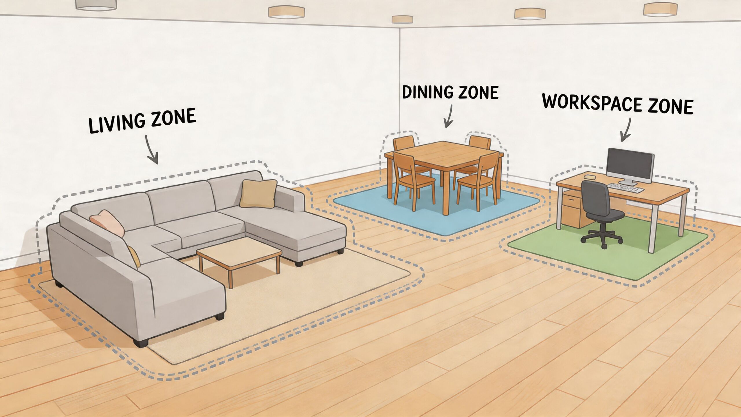 A room layout diagram showcasing distinct living, dining, and workspace zones defined by different area rugs.