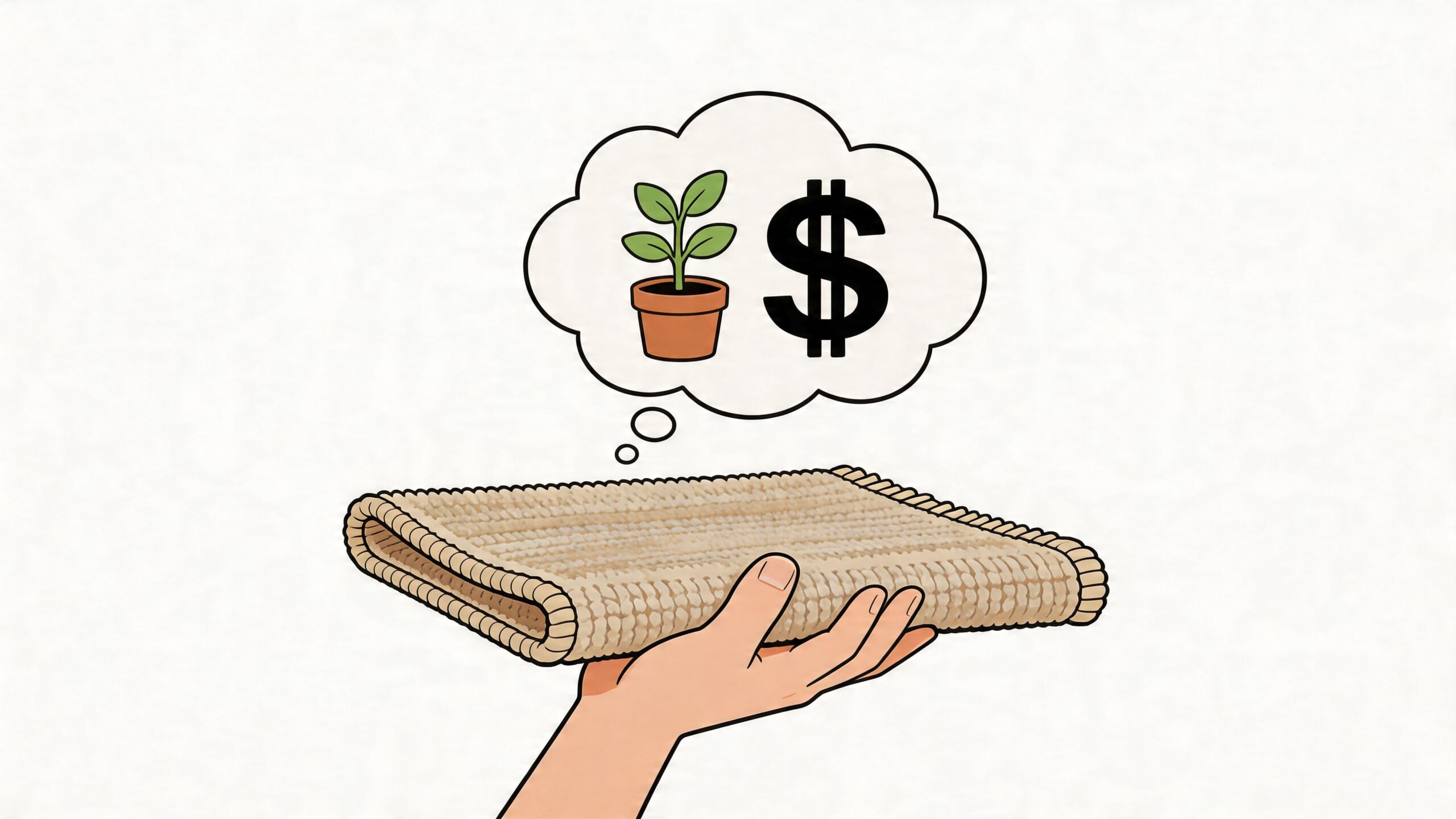 A hand holds a folded rug while thinking about the cost and value of living room plants.