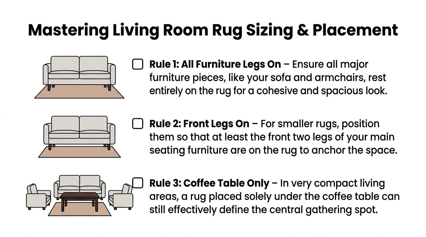 A graphic guide illustrating three rules for rug sizing and furniture placement in a living room.