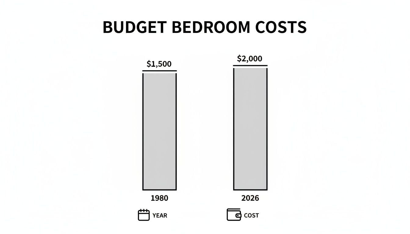 A bar chart illustrates budget bedroom costs, showing $1,500 in 1980 and $2,000 in 2026.