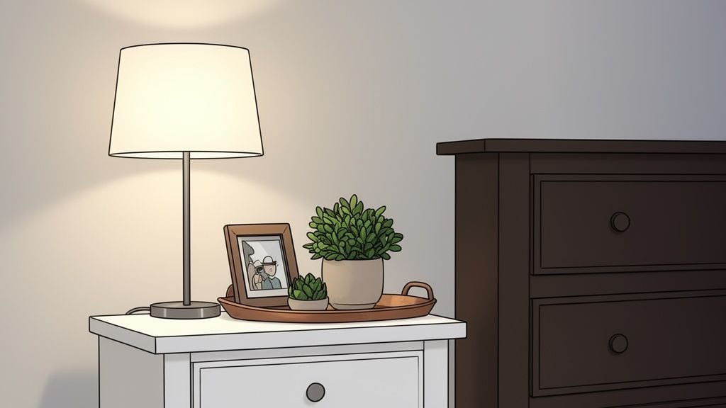 A cozy bedroom scene featuring a lit lamp, two potted plants, and a framed photo on a white bedside table.