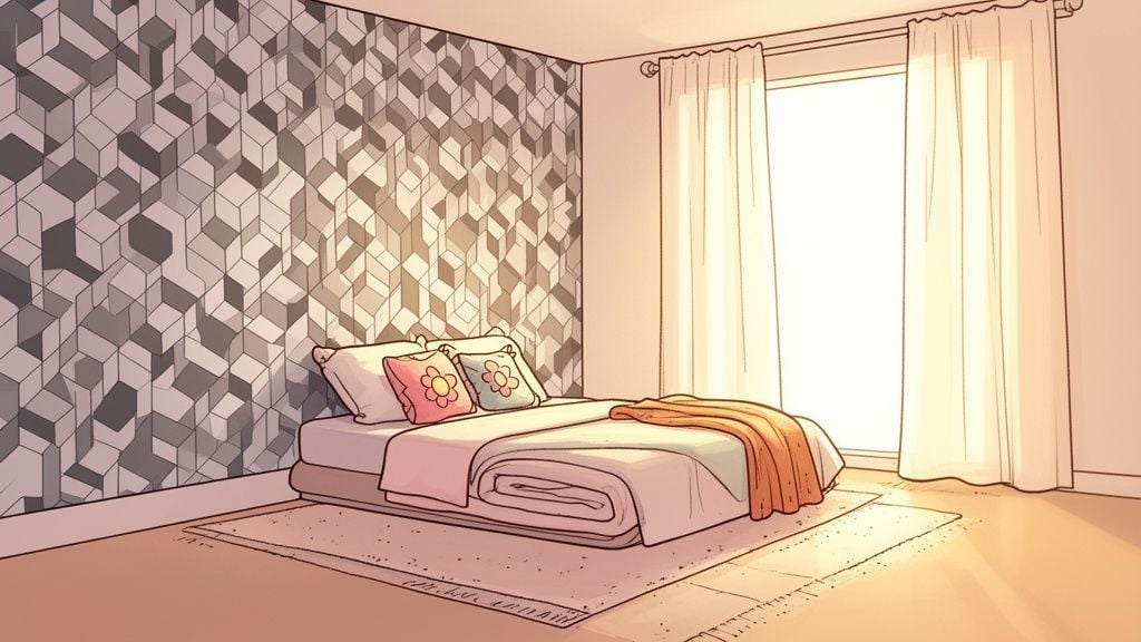 A cozy bedroom with a bed, geometric wallpaper, two flower pillows, a window with sheer curtains, and a rug.