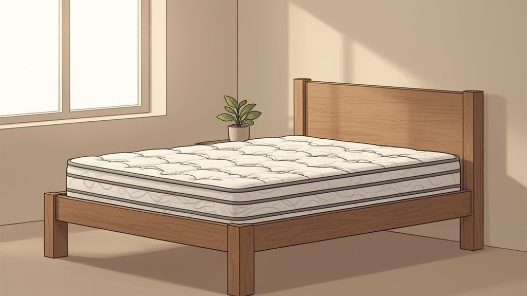A minimalist bedroom featuring a wooden bed frame with a white mattress, a window, and a small plant.