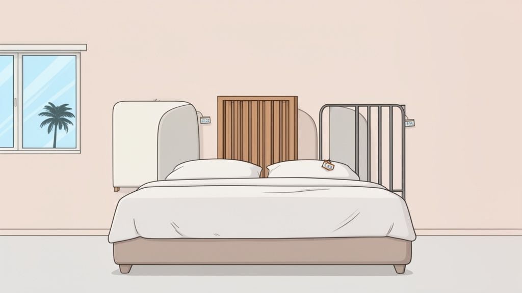 Multiple headboards displayed behind a bed in a room with a window and palm tree.