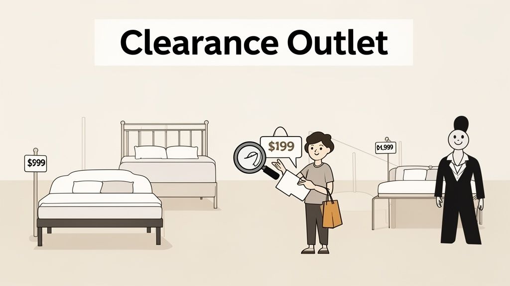 A cartoon image of a furniture clearance outlet with people buying beds at discounted prices.