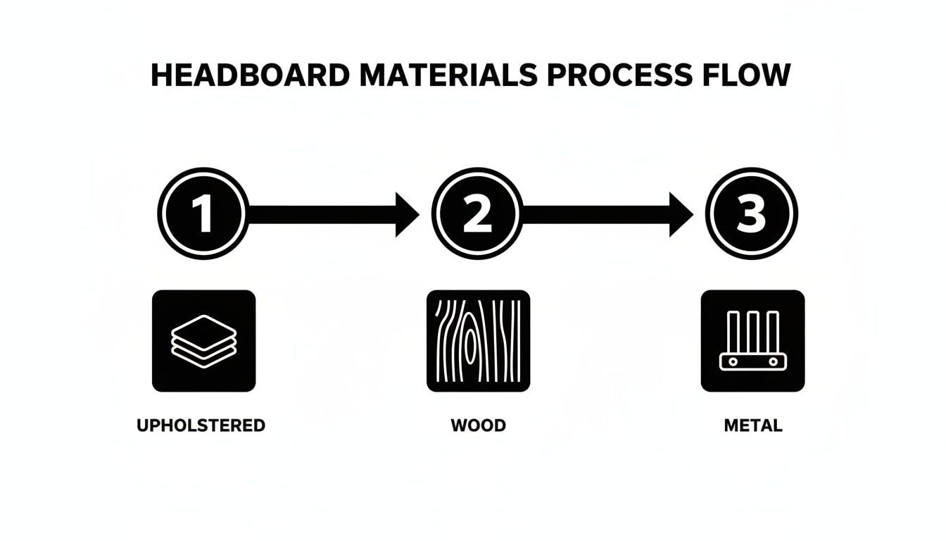 Process flow chart for headboard materials: upholstered, wood, and metal options.